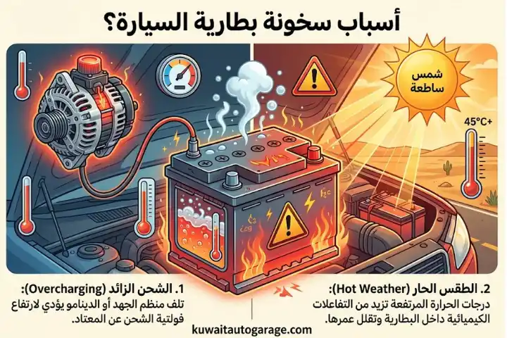 أسباب سخونة بطارية السيارة في الكويت؟ 2 أسباب سخونة بطارية السيارة؟ الشحن الزائد والطقس الحار
